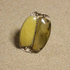 Rare Green and Butterscotch Amber Silver Ring